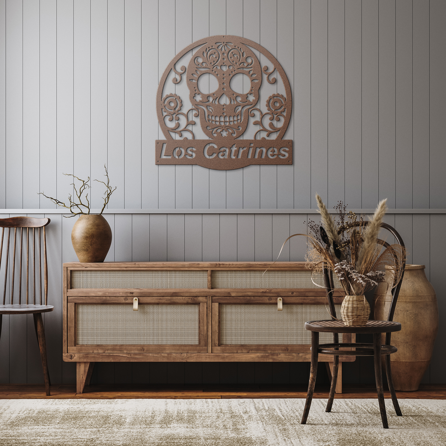 Personalized_Day_of_the_Dead_Skull_Copper_Rustic_Hallway_Mockup.png
