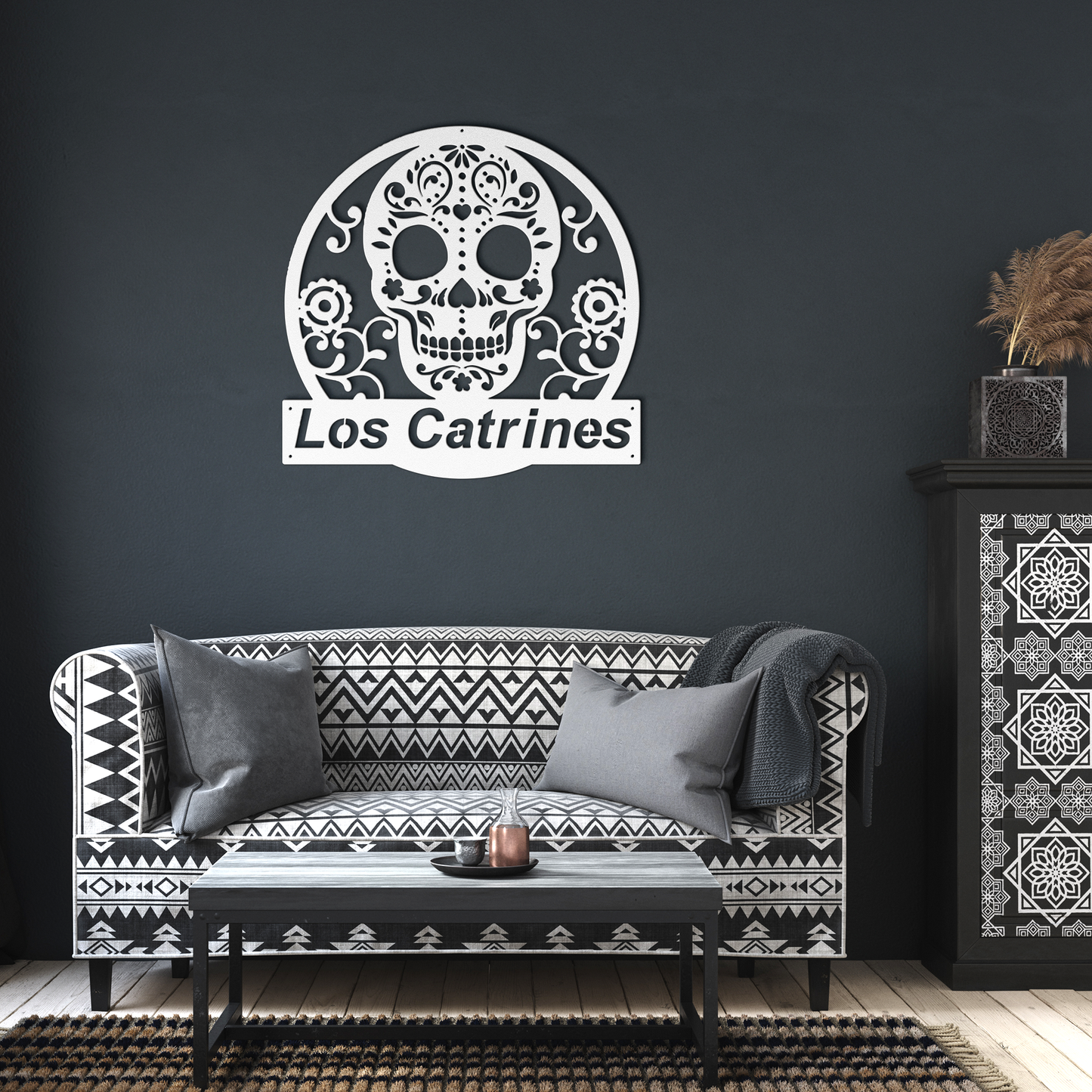 Personalized_Day_of_the_Dead_Skull_White_Dark_Living_Room_Mockup.png
